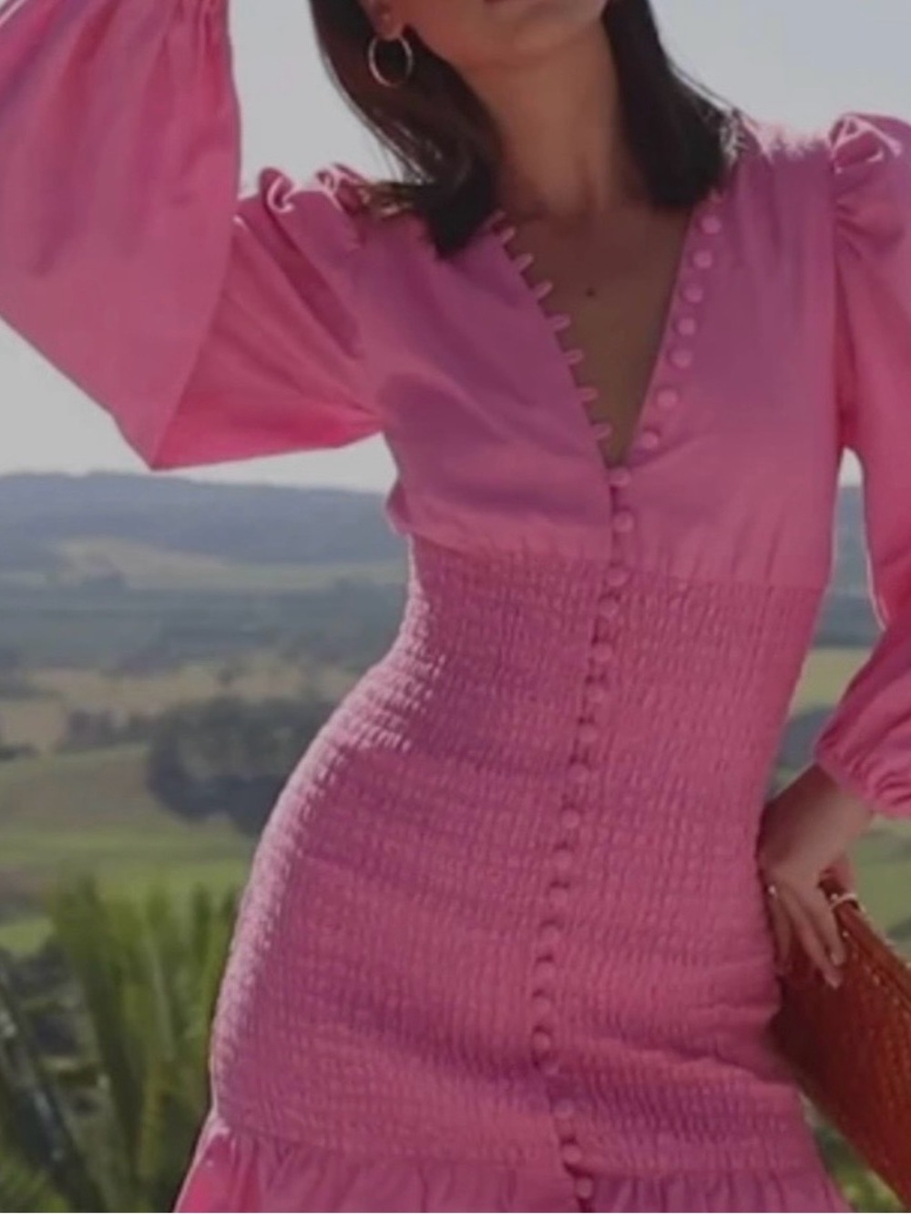Women’s Pink Smocked Midi Dress with Button Front